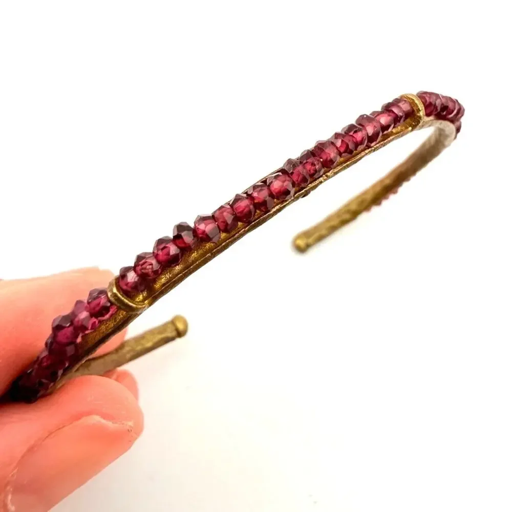Handmade Vtg Brass Faceted Garnet Bead Cuff Bracelet Ethnic Tribal Festival Boho
